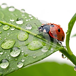Ladybug on leaf with raindrops photo