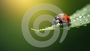 Ladybug on leaf tip with dew drops in soft morning light