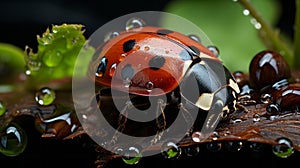A ladybug on a leaf with water drops close-up. Generative AI.