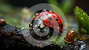 A ladybug on a leaf with water drops close-up. Generative AI.
