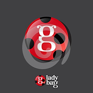 Ladybug logo. Fun letter G with insects antennae. Kids team emblem. Glossy icon of ladybug.