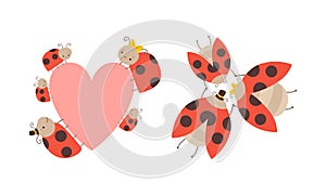 Ladybug Parents and their Lovely Little Kids Set, Happy Insect Families Cartoon Vector Illustration