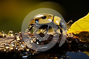 Ladybug perched on dew-kissed green leaf, glistening under early morning sunlight