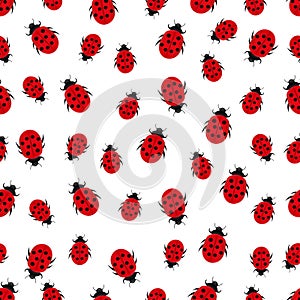 Ladybug seamless pattern, insects background. Red beetles with black circles on white background. For fabric design, wallpapers, w