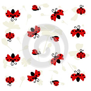 Ladybug seamless pattern, on white background decorated with light gray plants silhouettes - vector