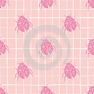 Ladybug silhouettes seamless doodle pattern. Stylized summer botanic pattern with insects in pink tones and chequered background