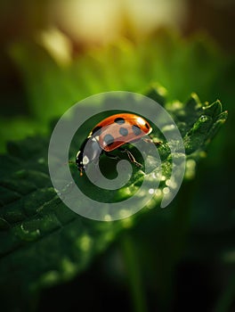 Ladybug sits on a leaf in the sunlight