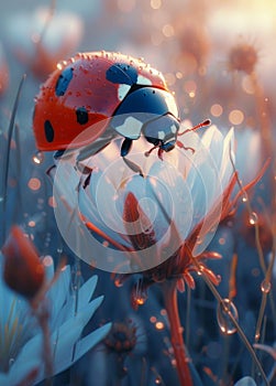 a ladybug is sitting on a flower and looking in the grass