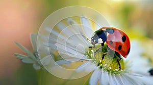 Ladybug sitting on a flower warm spring day on a leaf insect beetle