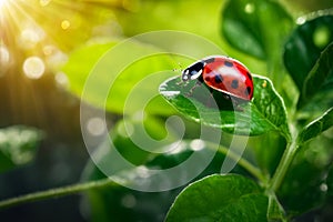 Ladybug is sitting on green leaf. Generative AI