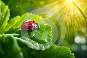 Ladybug is sitting on green leaf in the sunlight. Generative AI