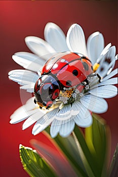 Ladybug, a small red beetle with black spots. It skillfully climbs on the delicate, white petal of a daisy, macro, closeup.