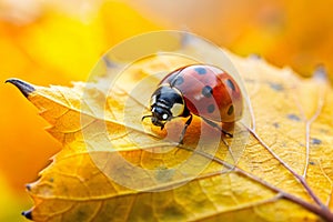 Ladybug on Yellow Autumn Leaf