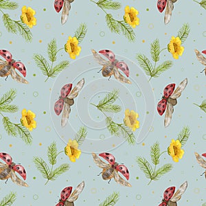 Ladybug and yellow flowers. Watercolor seamless pattern with ladybug and yellow flowers. Design for textiles