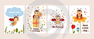 Ladybugs cards, ladybug print posters. Cute funny bug flying, sitting on flower. Summer baby characters, pretty cartoon