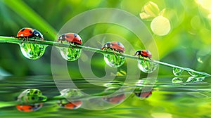 Ladybugs family on a dewy grass, AI Generative