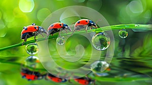Ladybugs family on a dewy grass, AI Generative