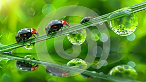 Ladybugs family on a dewy grass, AI Generative