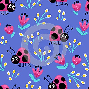 Ladybugs and flowers seamless background