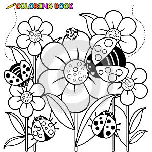 Ladybugs and flowers. Vector black and white coloring page.
