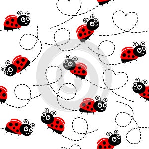 Ladybugs flying on dotted route seamless pattern