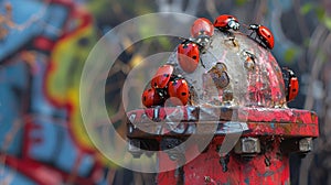 A of ladybugs gathered on top of a graffiticovered fire hydrant adding a touch of whimsy to the urban landscape