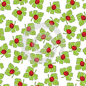 Ladybugs on a green leaf. Vector seamless pattern.