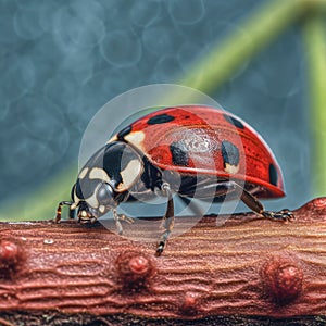 Ladybugs on a green twig, Closeup of a ladybug