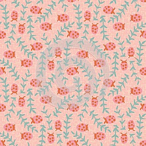 Ladybugs and leaves seamless vector pattern