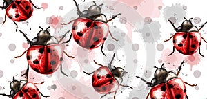 Ladybugs pattern texture watercolor Vector background. Retro style cards