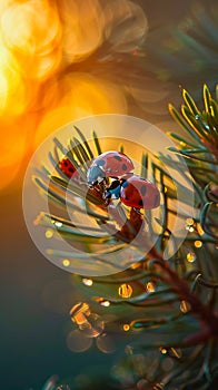 Ladybugs on a pine branch at sunset