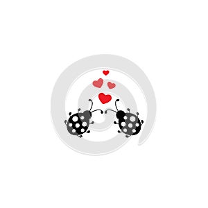 Ladybugs with red hearts. Beetle couple icon isolated on white. Vector flat illustration