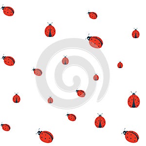 Ladybugs seamless pattern. Cute ladybug or ladybird simple flat design red and black. Vector illustration isolated on white