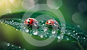 Ladybugs on wet leaf