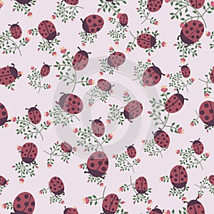Ladybugs and wild flowers seamless vector pattern in muted colors