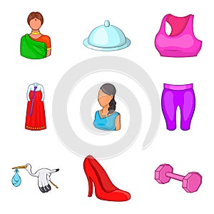 Ladylike icons set, cartoon style