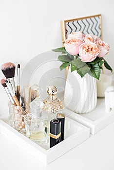 Ladys dressing table decoration with flowers, beautiful details,
