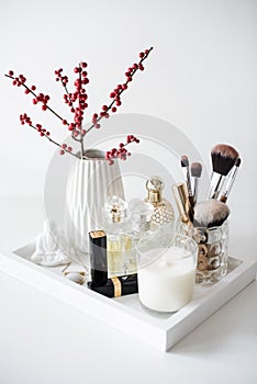 Ladys dressing table decoration with flowers, beautiful details,