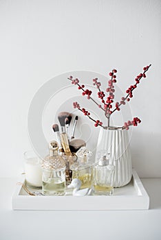 Ladys dressing table decoration with flowers, beautiful details,