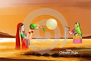 Ladys offering chhath pooja to sun god in traditional festival landscape card background