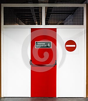 Laeken, Brussels, Belgium, White and red emergency exit with a no entrance sign