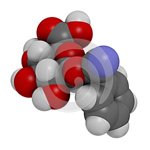 Laetrile molecule. Derivative of amygdalin. Used in quack cancer treatment. 3D rendering. Atoms are represented as spheres with