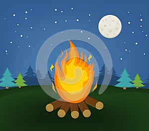 Lag Baomer bonfire in the forest, Lag B'Omer Jewish holiday, camping concept. Vector illustration