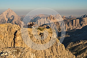 Lagazuoi Hut in the top of a mountain in Dolomites, Italy. Famous european destination for hiking