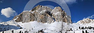 Lagazuoi mountain as seen from Passo Falzarego in winter, Dolomites, Cortina d`Ampezzo, Belluno, Veneto, Italy. photo