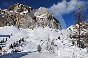 Lagazuoi mountain as seen from Passo Falzarego in winter, Dolomites, Cortina d`Ampezzo, Belluno, Veneto, Italy.