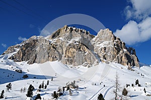 Lagazuoi mountain seen from Passo Falzarego in winter. Dolomites near Cortina d`Ampezzo Belluno. Veneto, Italy photo