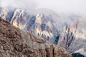 Lagazuoi Mountains above clouds around Averau and Pelmo Mountains, Belluno Province at Dolomites  Italian Alps