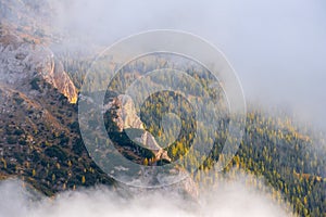 Lagazuoi Mountains above clouds around Averau and Pelmo Mountains, Belluno Province at Dolomites  Italian Alps