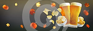 Lager beer and chips autumn Halloween holiday background